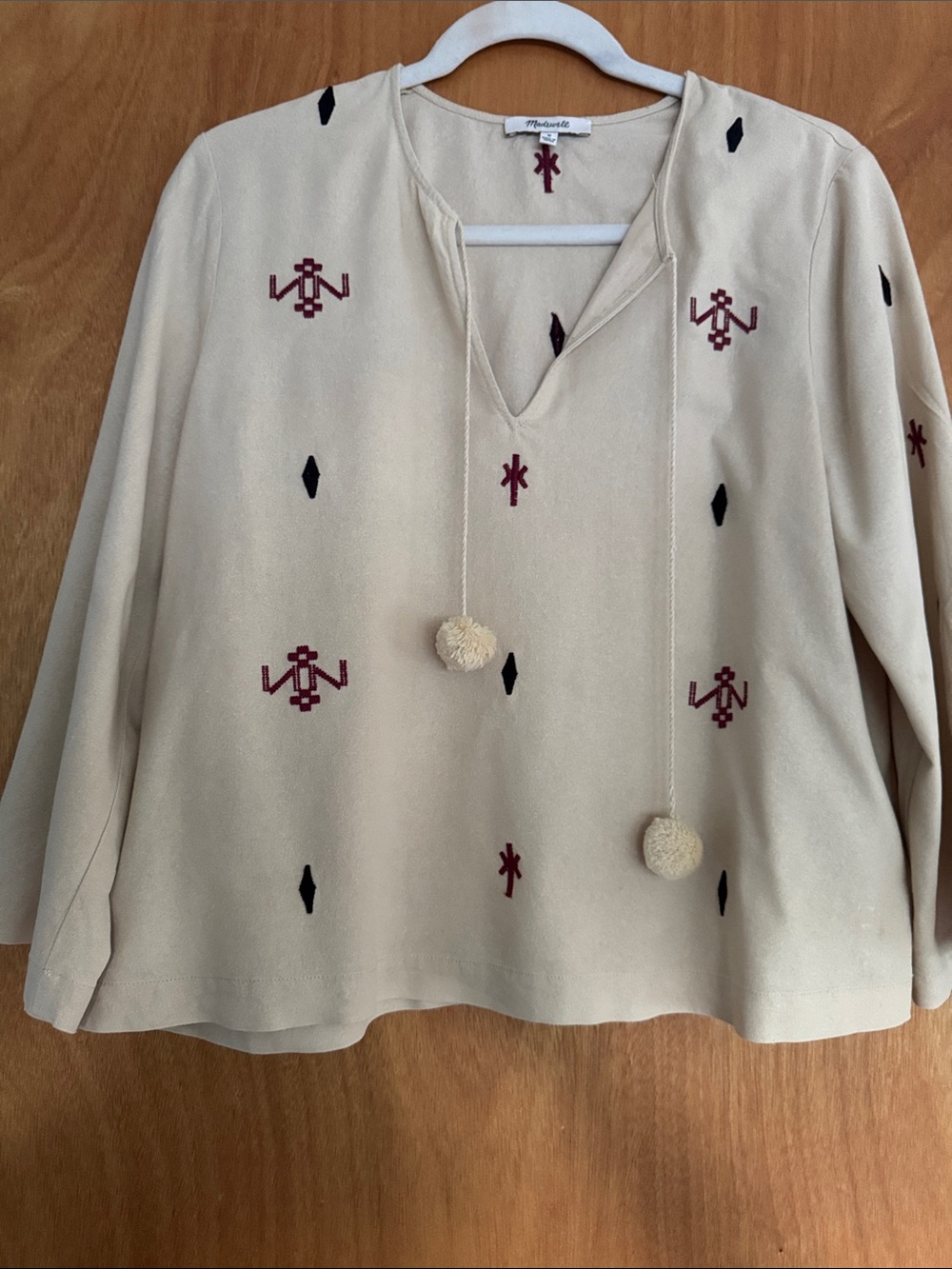 Madewell Silk Cropped Embroidered Tunic with Pom-Pom ties